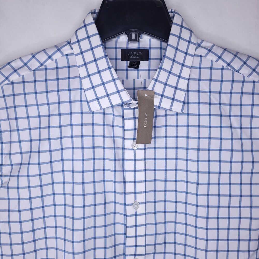 J Crew Ludlow Shirt Mens 17 Check White, Blue Slim Fit NWT